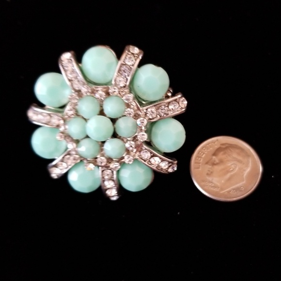 Vintage Aqua Bead and Clear Rhinestone Stretch Ring OS - Picture 9 of 10
